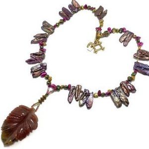 Handmade Necklace by Surdigirl  - Jewelry Set -  Jade Leaf, Pearls & Tourmaline